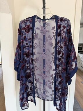 Blue Kar Sheer Floral Velvet Burnout Kimono Cardigan Boho Cover Up Size M